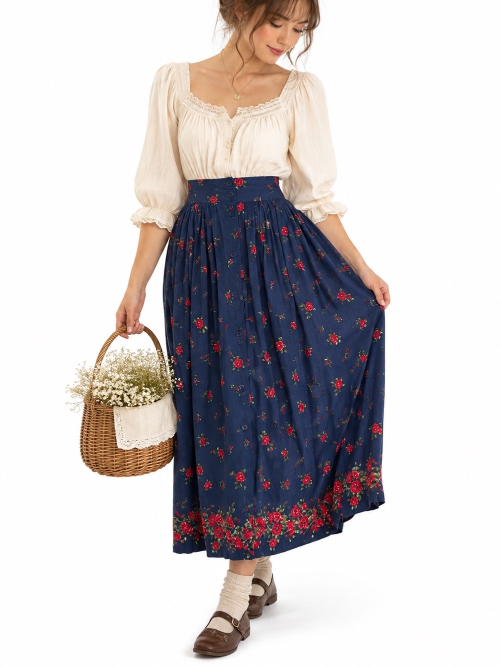 Vintage 90s rayon Navy Midi Skirt Red Rose Print button front L Cottagecore